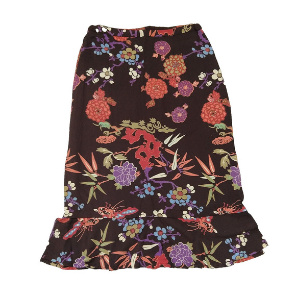Vintage 90s Floral Print Midi Skirt Size M Zoe California Brown Flutter Hem - Picture 1 of 7